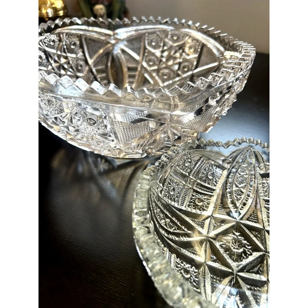 Vintage Brilliant Cut Glass Bowl Lot 2 Hobstar Sawtooth Heavy Crystal